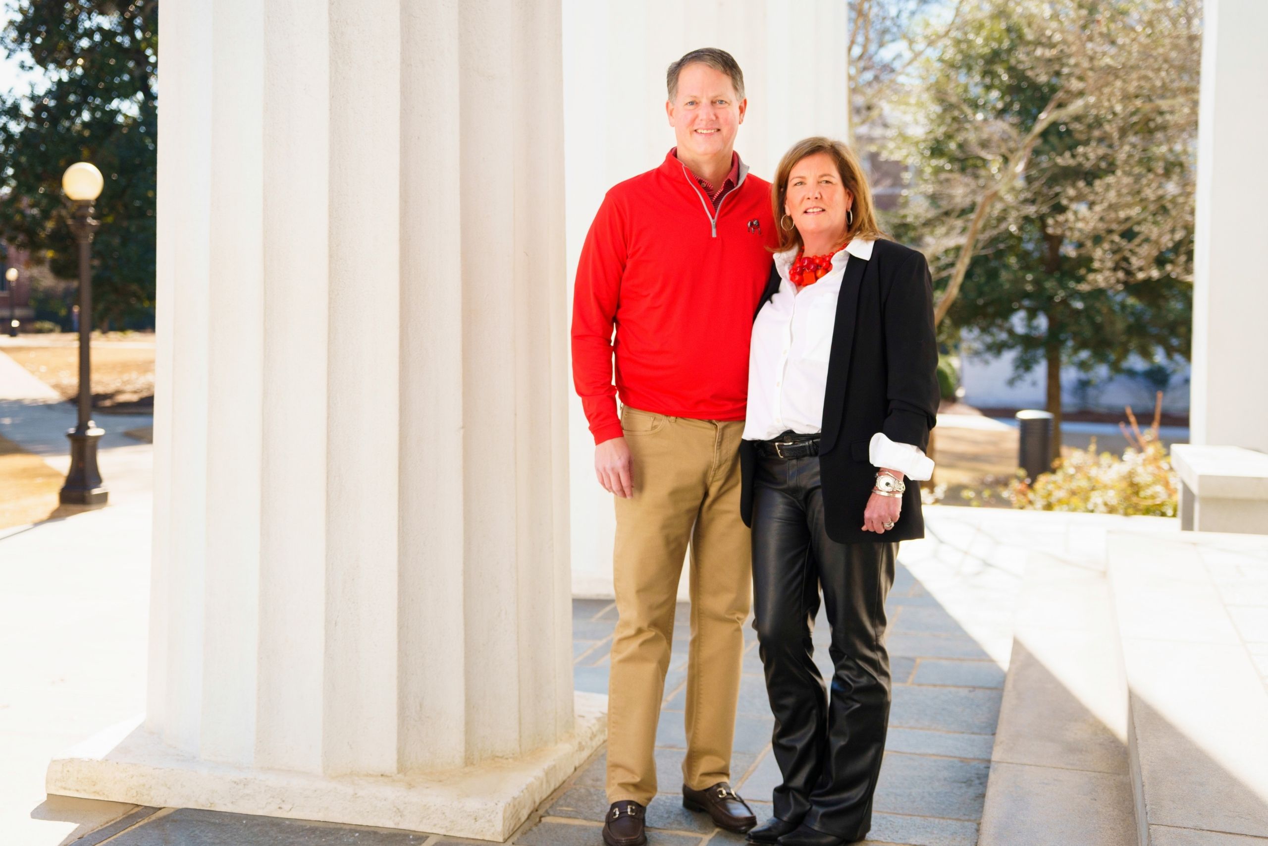Stephanie (BSFCS ’94) and Fielder Shurling, co-chairs of the UGA Parents Leadership Council (PLC) stand on the front steps of the UGA Chapel. (Photo/Lilli Sosbee)