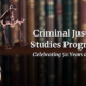 graphic with lady justice and a headline that says Criminal Justice Studies Program: Celebrating 50 Years at UGA