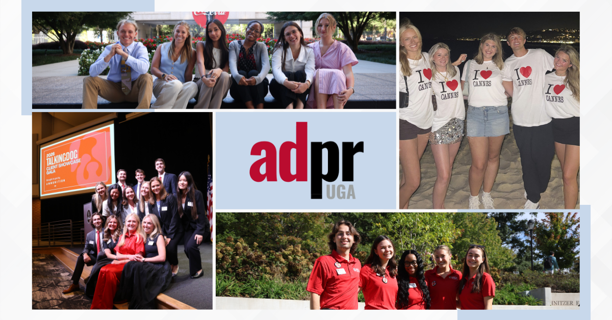 A photo collage of groups of smiling students. Text in center of image says "adpr UGA."
