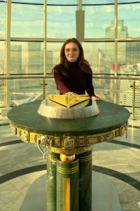 Natalie Navarette stands on top of Baiterek in Almaty, Kazakhstan. This is a symbol of Kazakhstan’s independence and Kazakhstan’s first president placed his hand on that podium which now has his handprint. (Photo courtesy of Natalie Navarette)