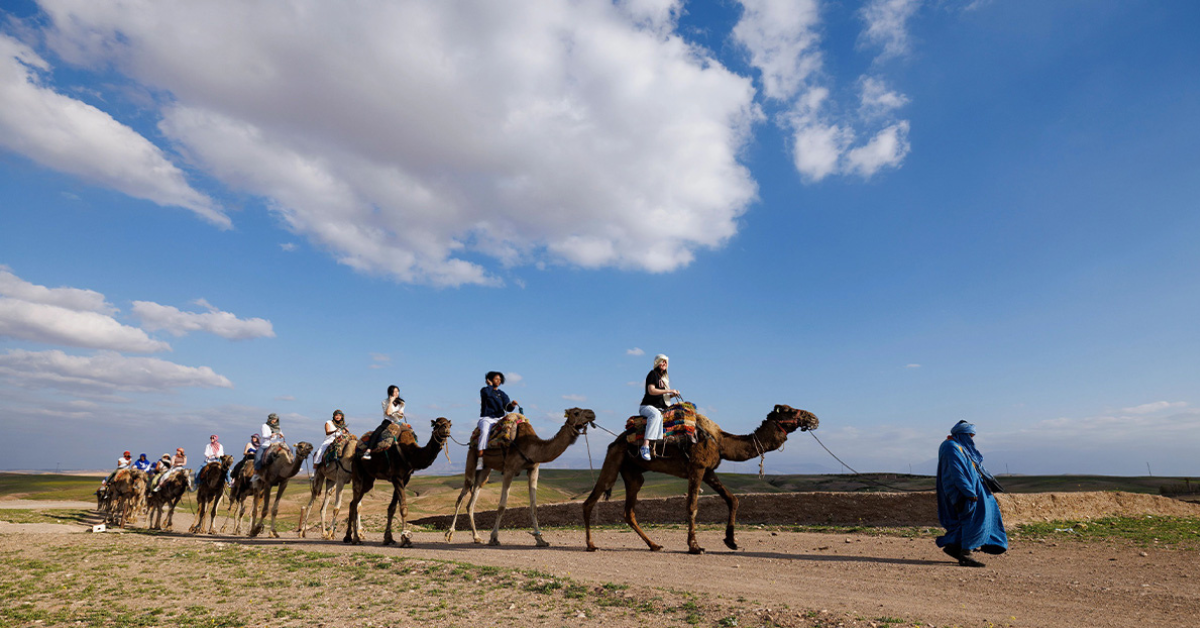 Photo of group of students riding camels in the desert.