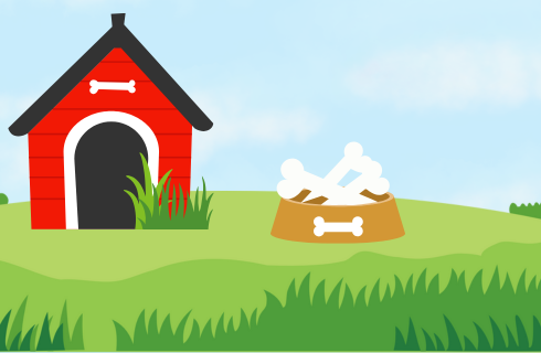 graphic of dog bowl with bones and dog house