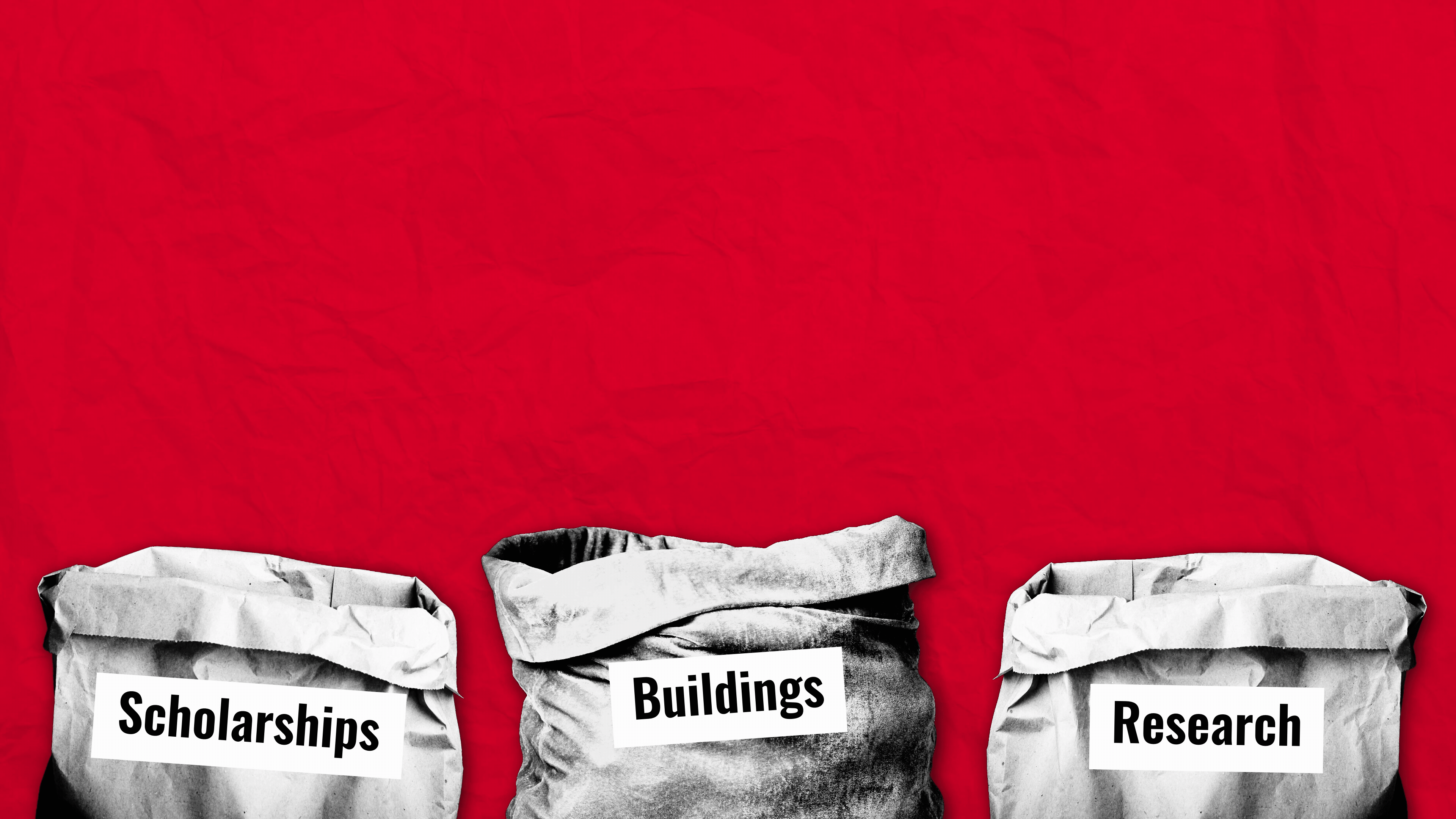 A GIF of gifts being sorted into one of three bags: scholarships, buildings and research.