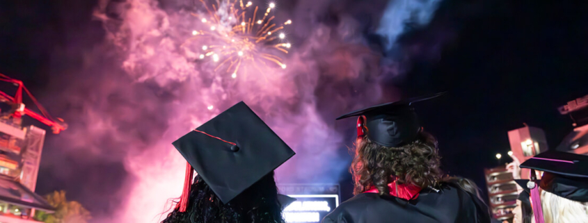 Graduates watch fireworks following UGA’s undergraduate commencement ceremony in Sanford Stadium on May 10.