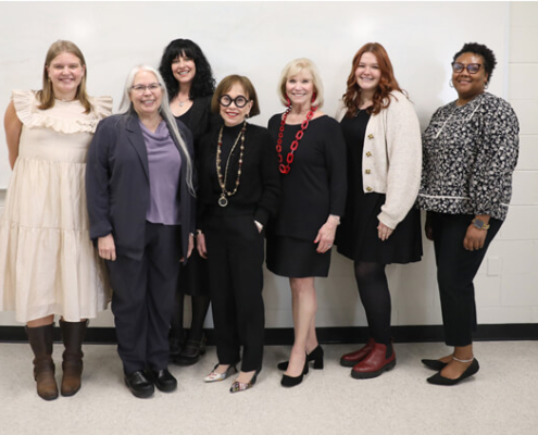 During a trip to Athens in March, Anne Barge Clegg (center) meets with (L to R) Lily Wilkerson, UGA alumna; Anisa M. Zvonkovic, dean of the College of Family and Consumer Sciences (FACS); Monica Sklar, FACS associate professor and Historic Clothing and Textiles Collection curator; Stella Williams Bailey, longtime friend of Clegg and UGA alumna; Jenna Richards, FACS student; and Noel Corbin, FACS graduate student.