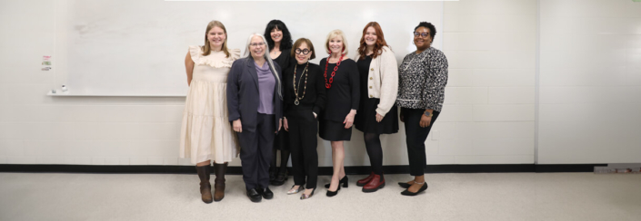 During a trip to Athens in March, Anne Barge Clegg (center) meets with (L to R) Lily Wilkerson, UGA alumna; Anisa M. Zvonkovic, dean of the College of Family and Consumer Sciences (FACS); Monica Sklar, FACS associate professor and Historic Clothing and Textiles Collection curator; Stella Williams Bailey, longtime friend of Clegg and UGA alumna; Jenna Richards, FACS student; and Noel Corbin, FACS graduate student.