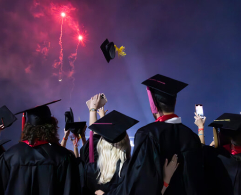 Graduates watch fireworks following their commencement ceremony in Sanford Stadium on May 10.