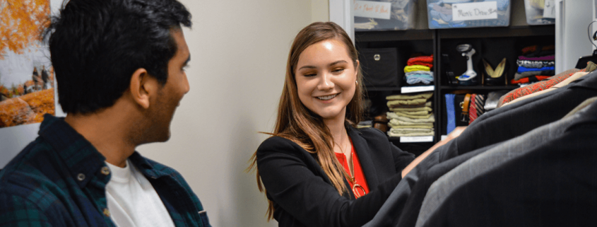 Two students at the SGA Professional Clothing Closet.