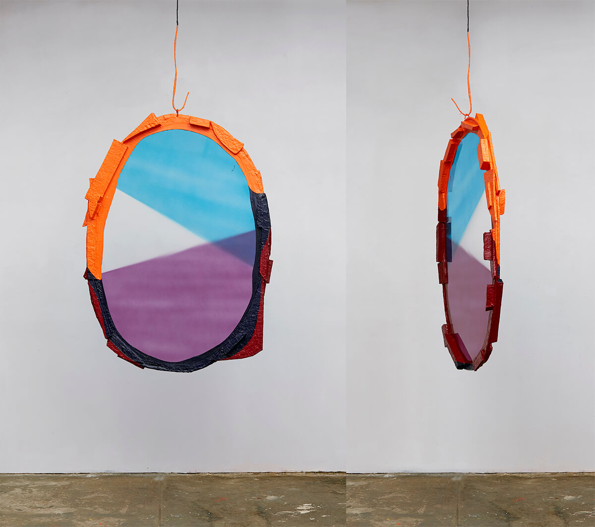 Fabienne Lasserre, Oh.Ah., 2021. Linen, steel, transparent vinyl, corrugated plastic, extruded polystyrene foam, acrylic polymer, acrylic and enamel paint. 61 x 45 x 4.5 in. Photo courtesy of Alan Wiener, Polite Photographic Services.