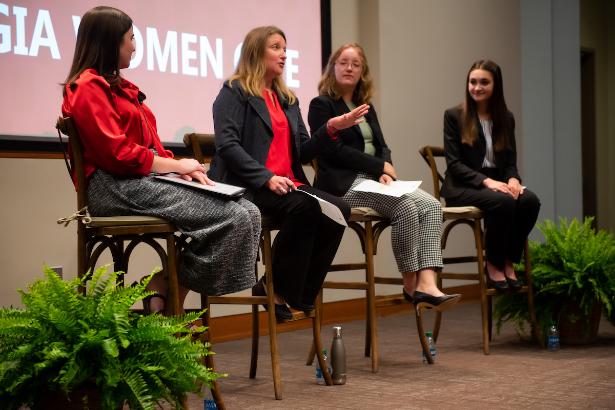 Ivy Odom Aponte, Jenna Jambeck, Leah Whitmoyer and Elise Karinshak speak during a panel discussion at the Georgia Women Give launch event on March 23, 2023