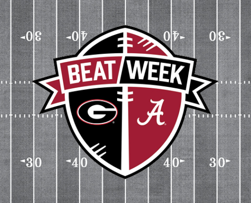 Beat Week promo mark showcasing the Georgia vs. Alabama giving challenge on top of a football field background.