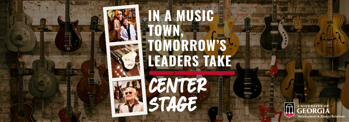 A decorative image with the title, "In a music town, tomorrow's leaders take center stage," with inset photos of Fred and Dinah Gretsch alongside vintage Gretsch guitars.
