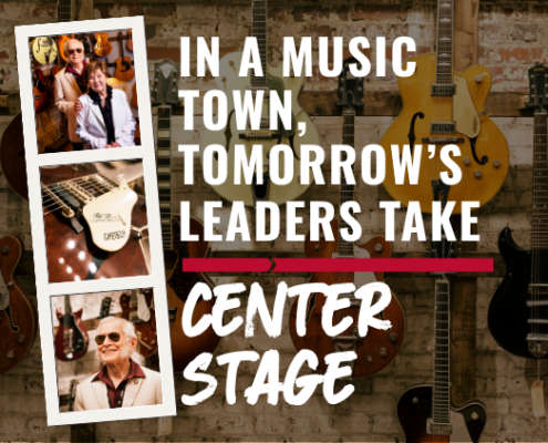 A decorative image with the title, "In a music town, tomorrow's leaders take center stage," with inset photos of Fred and Dinah Gretsch alongside vintage Gretsch guitars.
