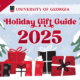 graphic with christmas trees, snow and gifts