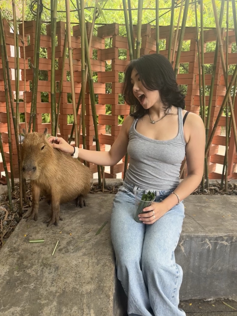 Tiffany Lu pets a capybara