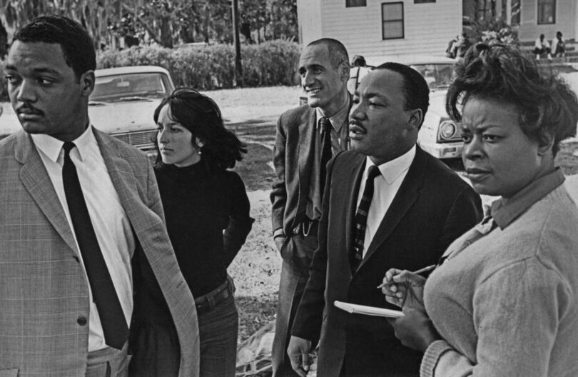 From left, the Rev. Jesse Jackson, Joan Baez, Ira Sandperl, Dr. Martin Luther King Jr. and Dora McDonald on the Penn Center campus