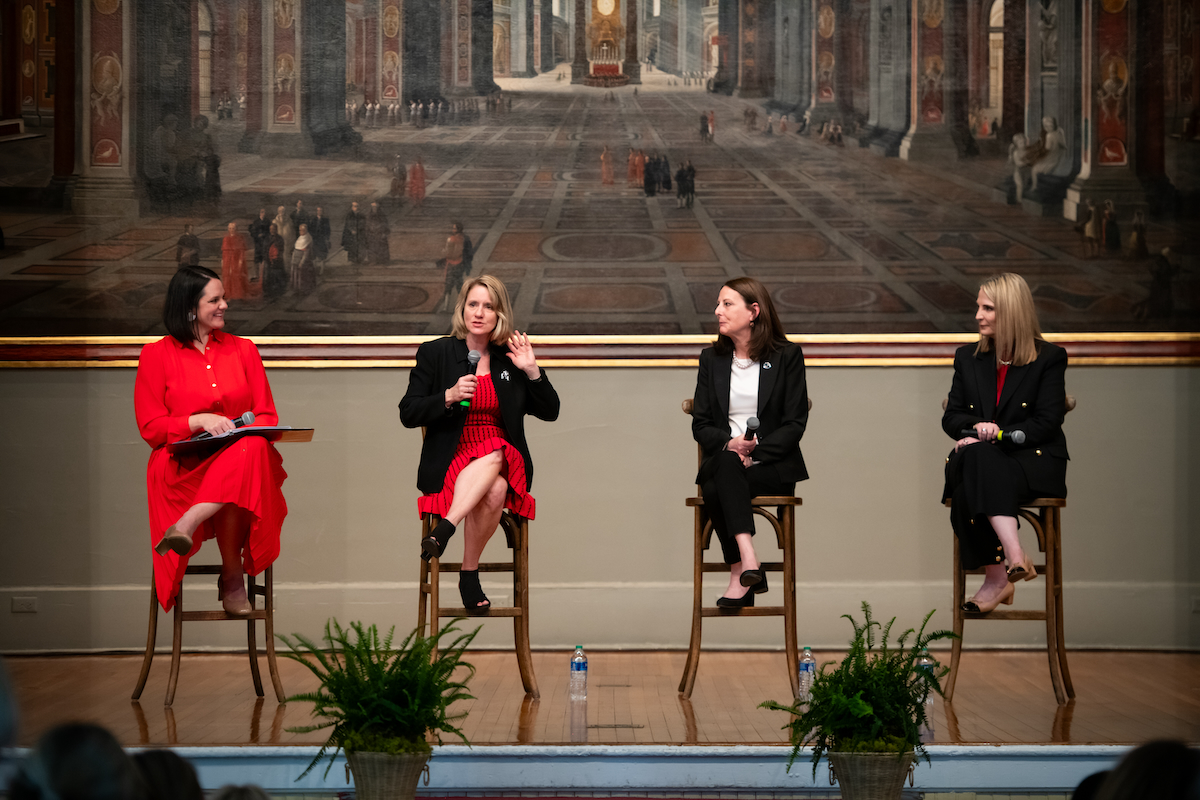 UGA vice presidents Jill Walton (development and alumni relations), Kathy Pharr (marketing and communications, also chief of staff of the Office of the President), Marisa Pagnattaro (instruction, also senior vice provost for academic planning) and Jennifer Frum (public service and outreach) answer questions as part of a panel discussion during Georgia Women Give’s spring event on March 21 in the UGA Chapel. PHOTO: Justin Evans.
