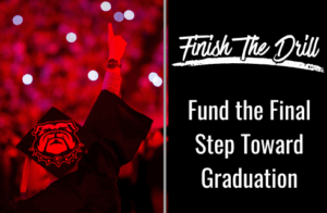 Graduate celebrating with text that reads Finish the Drill: Fund the Final Step towards graduation