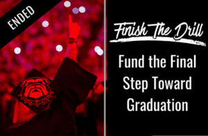 *ENDED* Graduate celebrating with text that reads Finish the Drill: Fund the Final Step towards graduation