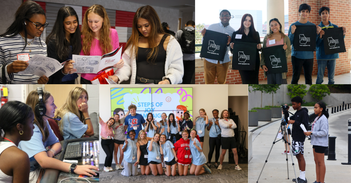 Photo collage of multiple groups of students in action studying journalism.