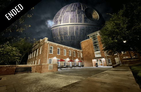 Graphic of Star Wars death star behind the social work building on campus