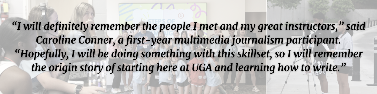 Quote from student overlaid top of photos of journalism students.