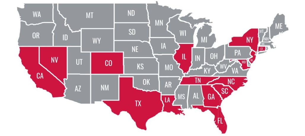 Map of the United States. Red is indicated on CA, NV, CO, TX, LA, IL, TN, GA, FL, SC, NC, MD, NY, NJ, and CT