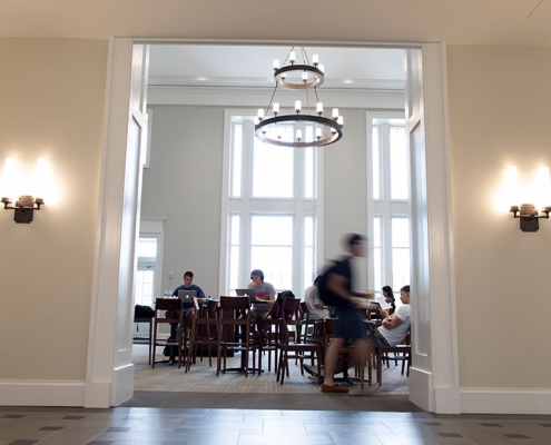 Students study for finals at Casey Commons inside Amos Hall.